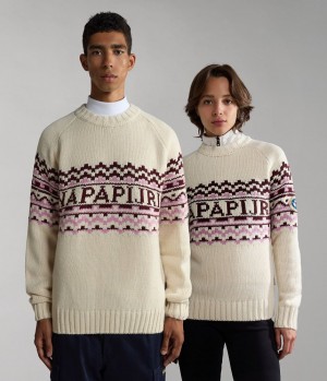 Napapijri Horlick Crew Neck Jumper Strickwaren Damen Weiß Beige | WGU-685901