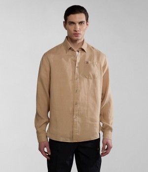 Napapijri Linen Long Sleeve Shirt Hemd Herren Beige | WDQ-350246