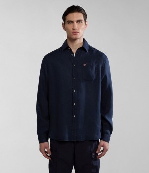Napapijri Linen Long Sleeve Shirt Hemd Herren Dunkelblau | PCF-492731