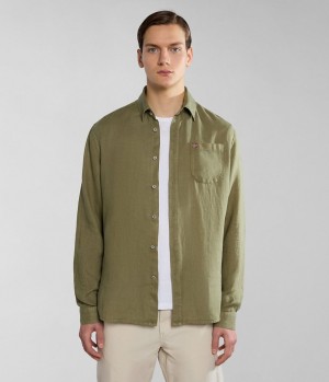 Napapijri Linen Long Sleeve Shirt Hemd Herren Grün | DNT-709152